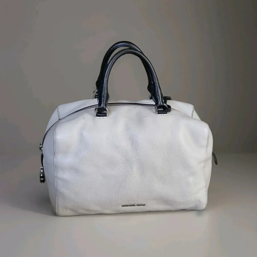 Michael Kors White Leather Satchel Handbag Black Handles No Shoulder Strap
